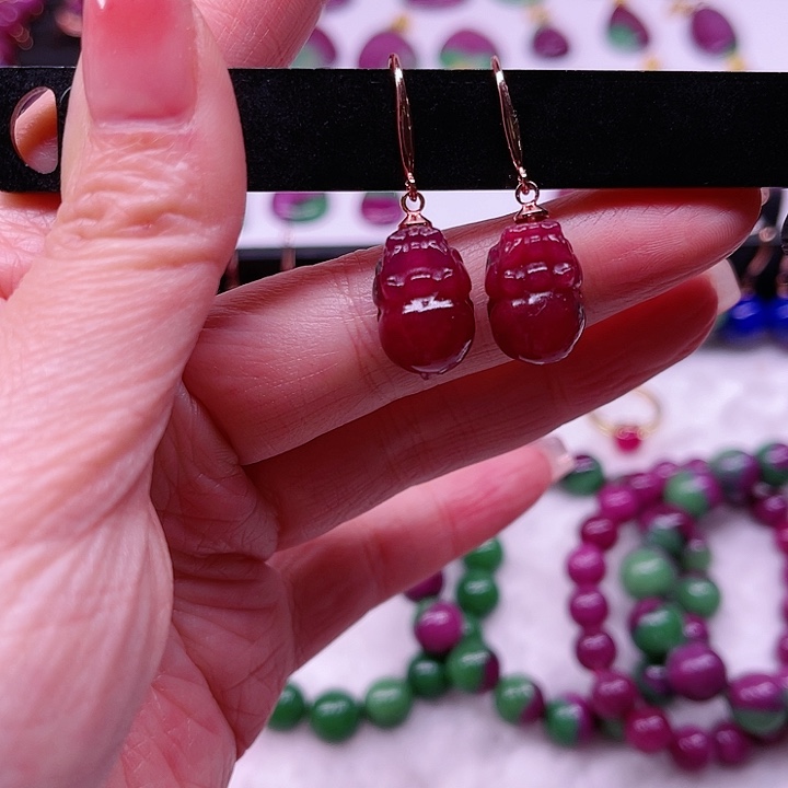 红宝石耳钩银S925镶嵌