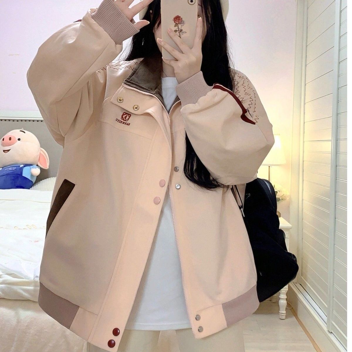 国潮美式复古三条杠撞色外套女2025秋秋季宽松休闲百搭夹克棒球服