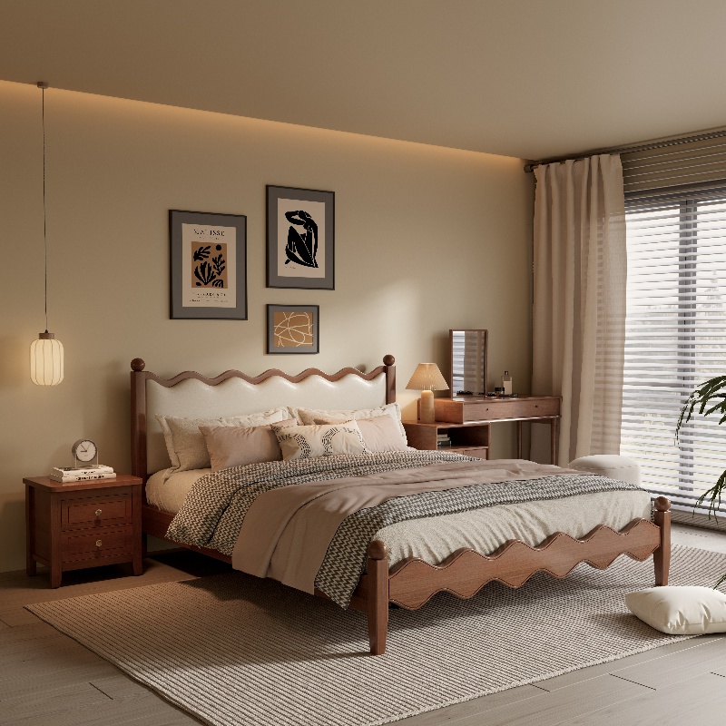 【涟漪床】法式全实木床中古风双人床主卧中古风高箱储物婚床实木床