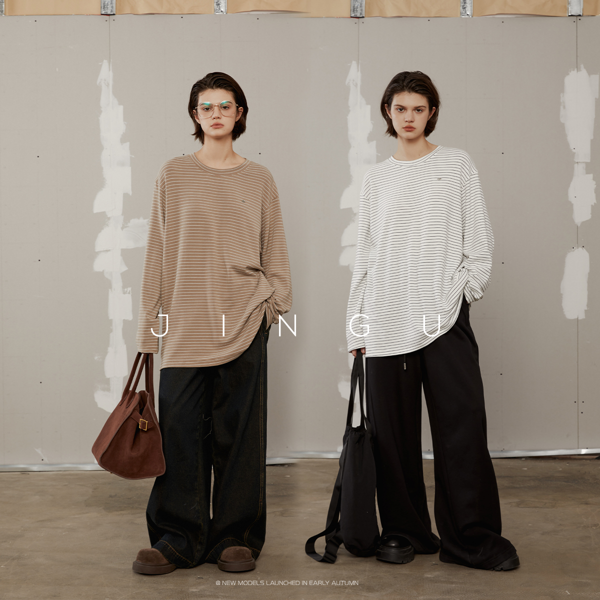 JGGU晶咕黑标绒感条纹金属标T恤复古宽松圆领针织衫JG11240001