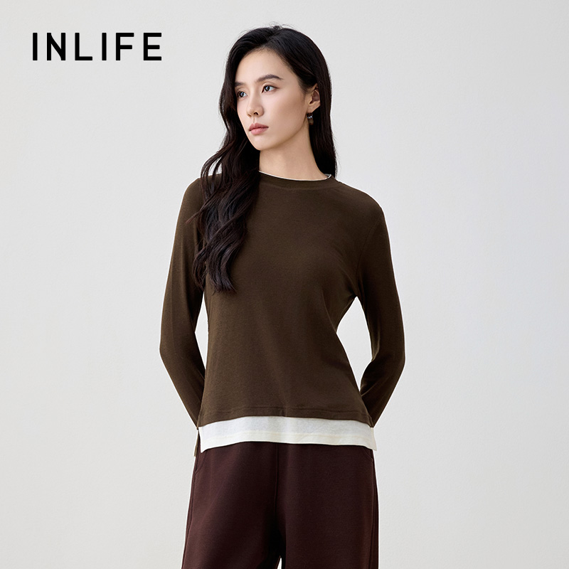 inlife假两件T恤女冬季新款宽松休闲收腰打底衫百搭上衣Z49AT9213