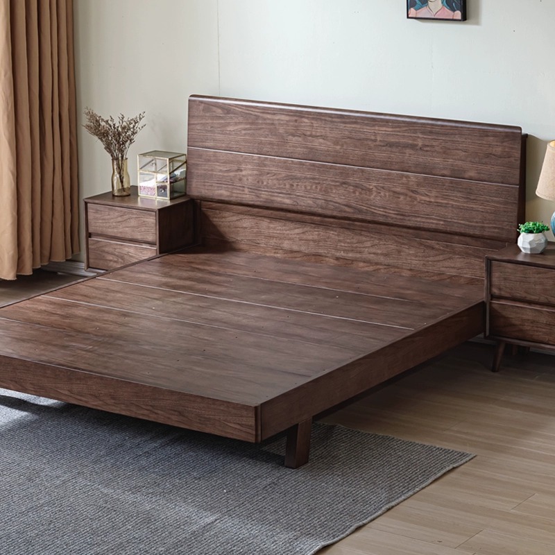 全实木床黑胡桃木床主卧硬靠双人床北欧简约现代悬浮床全实木床