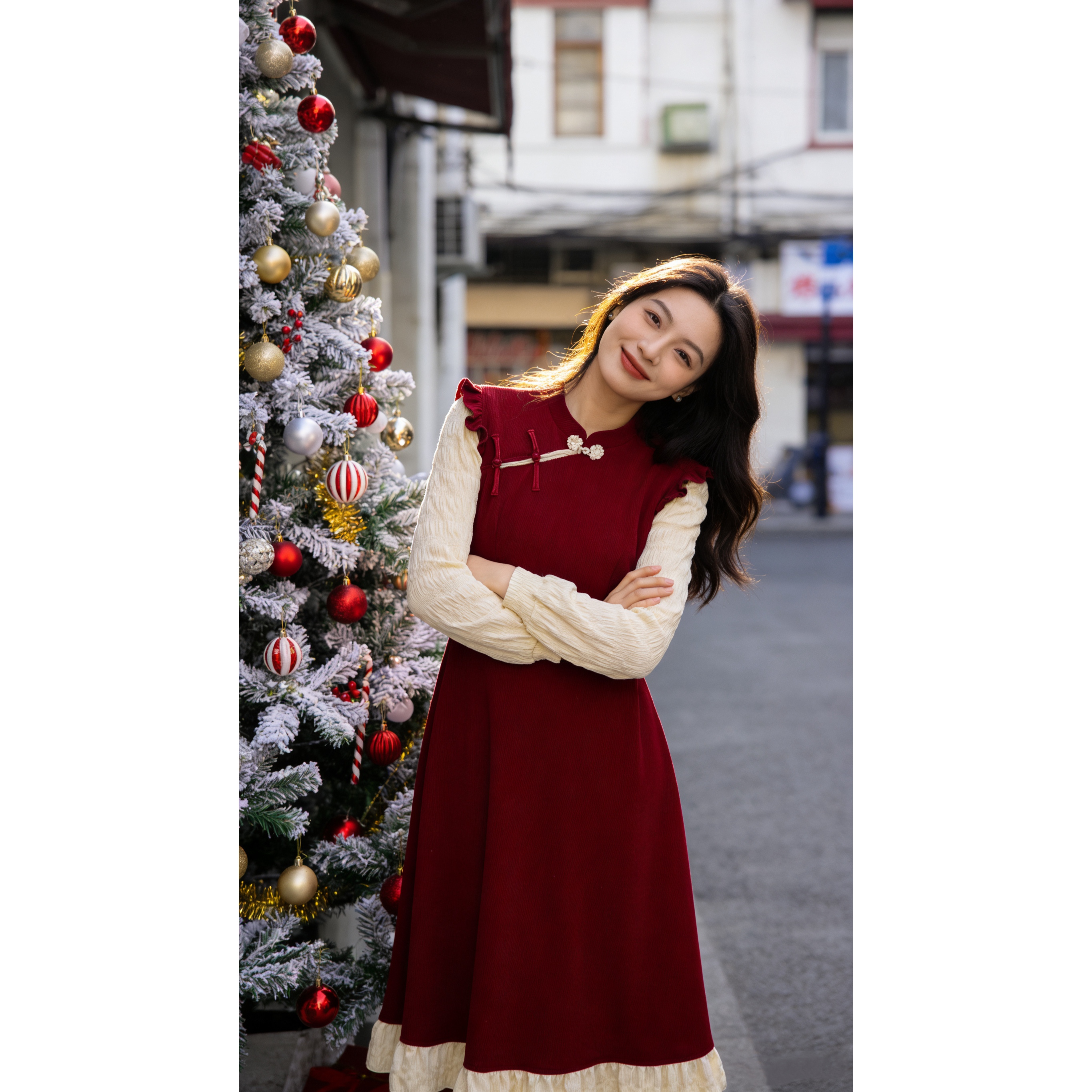 秋冬新中式拼接盘扣显瘦气质假两件连衣裙长袖法式复古