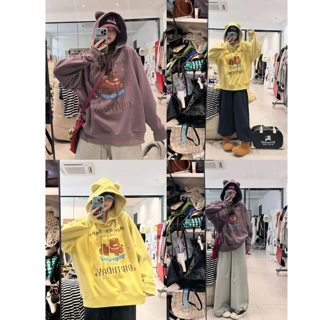 【小熊耳朵】胸前字母小熊宽松连帽卫衣女设计感松弛慵懒风套头上衣