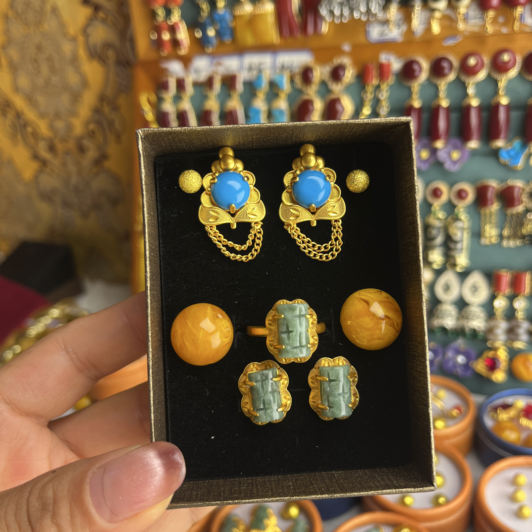 铜合金大理石项链 铜合金材质耳钉四件套还有戒指呦