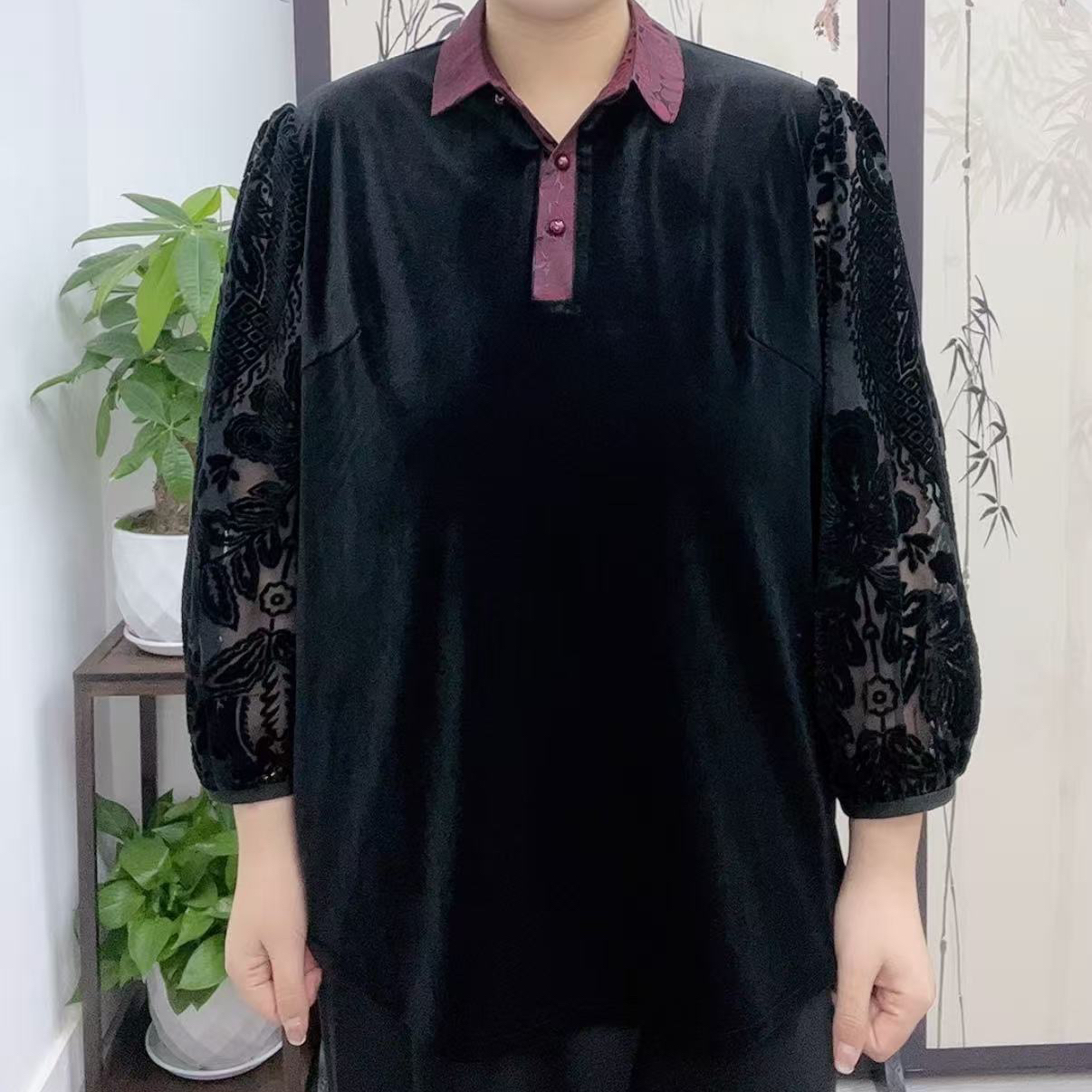 8045黑色网纱刺绣旗袍领衬衫