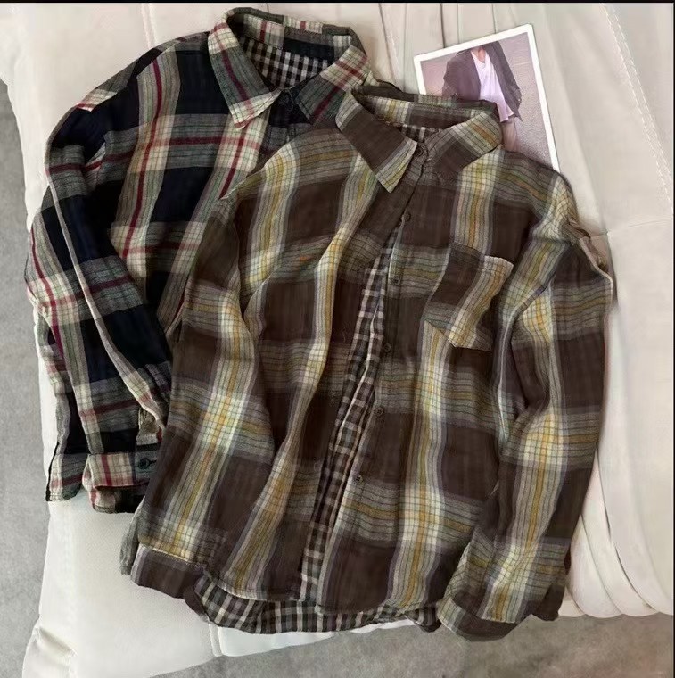 秋季上新格子复古休闲百搭长袖宽松韩版ins设计师款格子衬衫