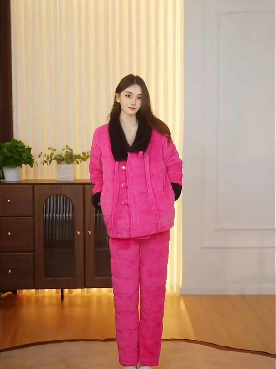 2025年冬季套装长袖红色休闲轻奢家居服套保暖毛领睡衣ARY