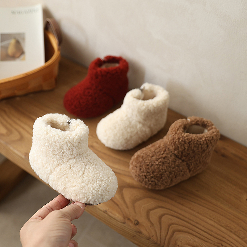 冬季毛毛靴宝宝加绒女魔术贴厚底卡通风卡通棉鞋防滑毛毛鞋居家