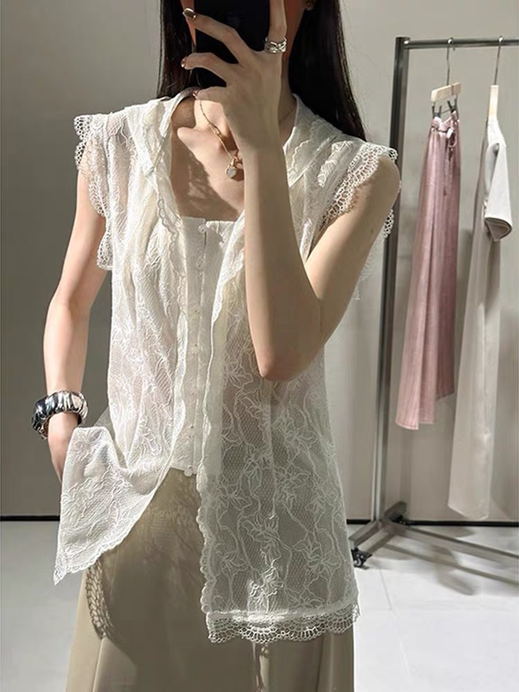 D1892设计感蕾丝连帽无袖衬衫2025夏洋气减龄显瘦背心上衣