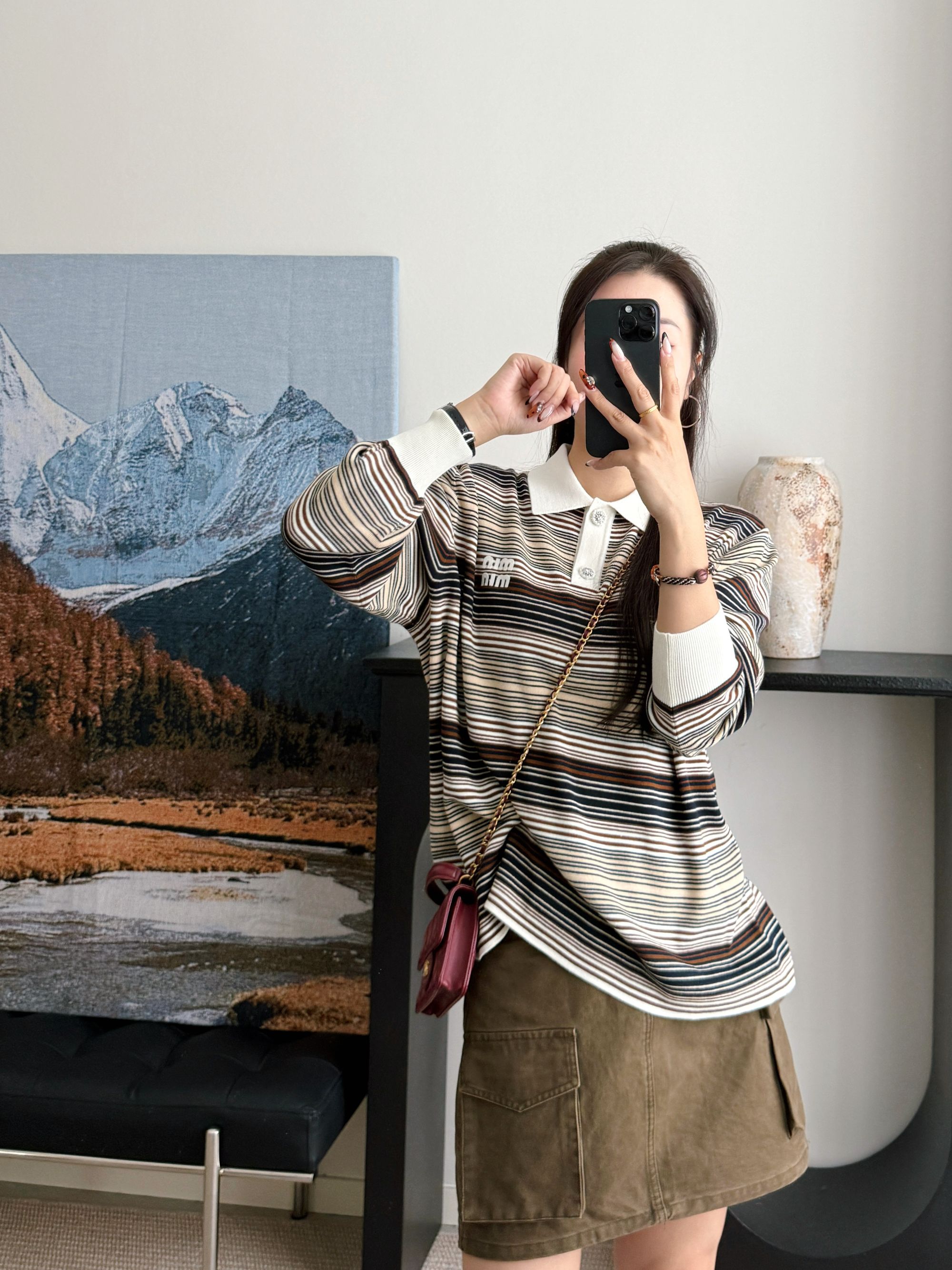 MIU系撞色条纹翻领长袖针织上衣