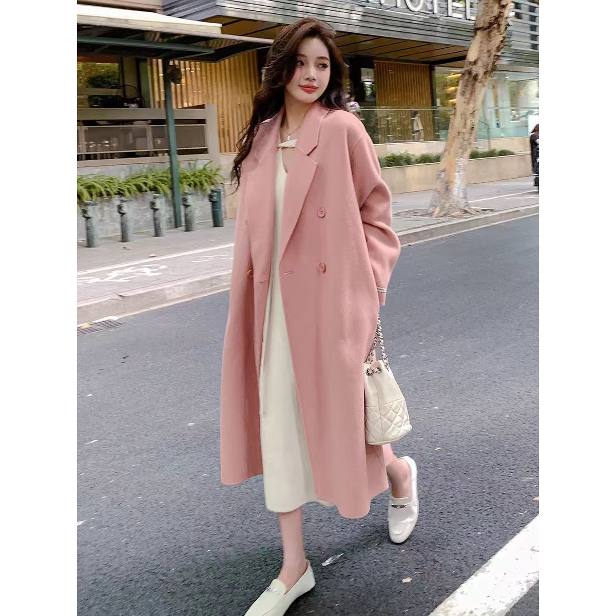 H40粉色大衣女2024秋冬新款韩版宽松中长款