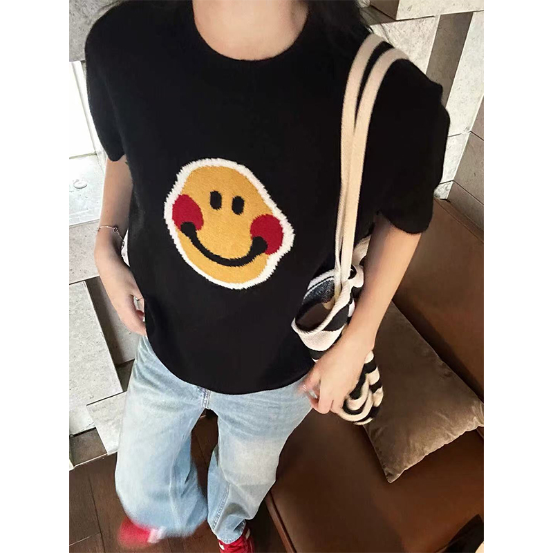 （笑脸）早春新款笑脸提花圆领短袖T时尚减龄针织衫女-9685