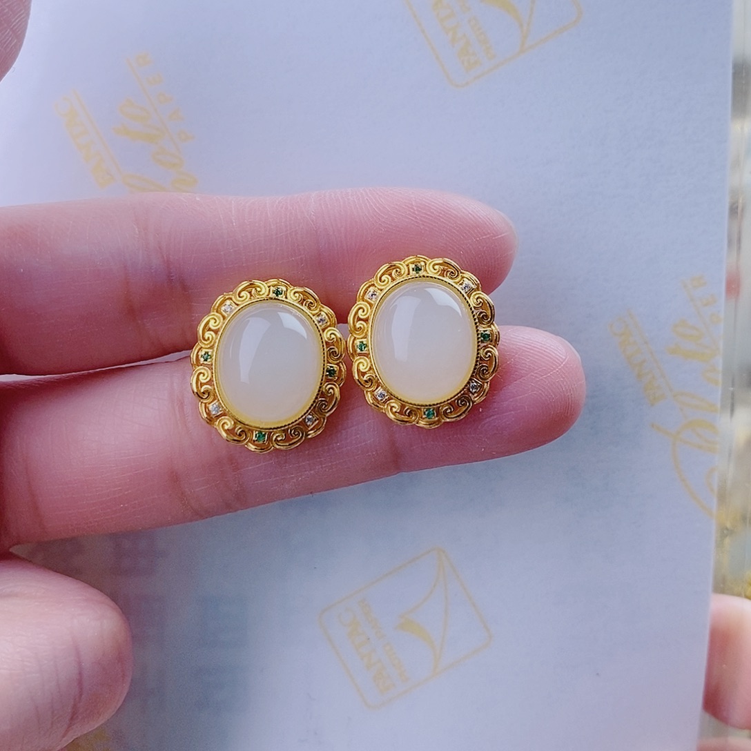 和田玉耳饰银S925镀金镶嵌