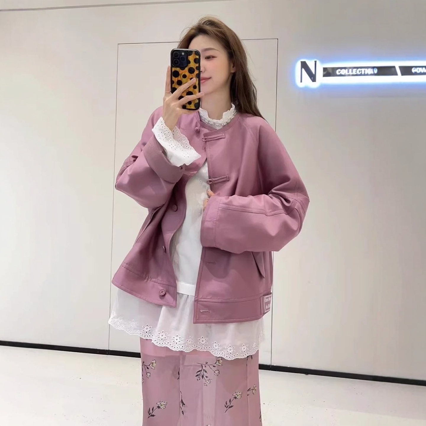 MQ新中式夹克外套品牌设计师粉色短外套圆领夹克休闲宽松女款