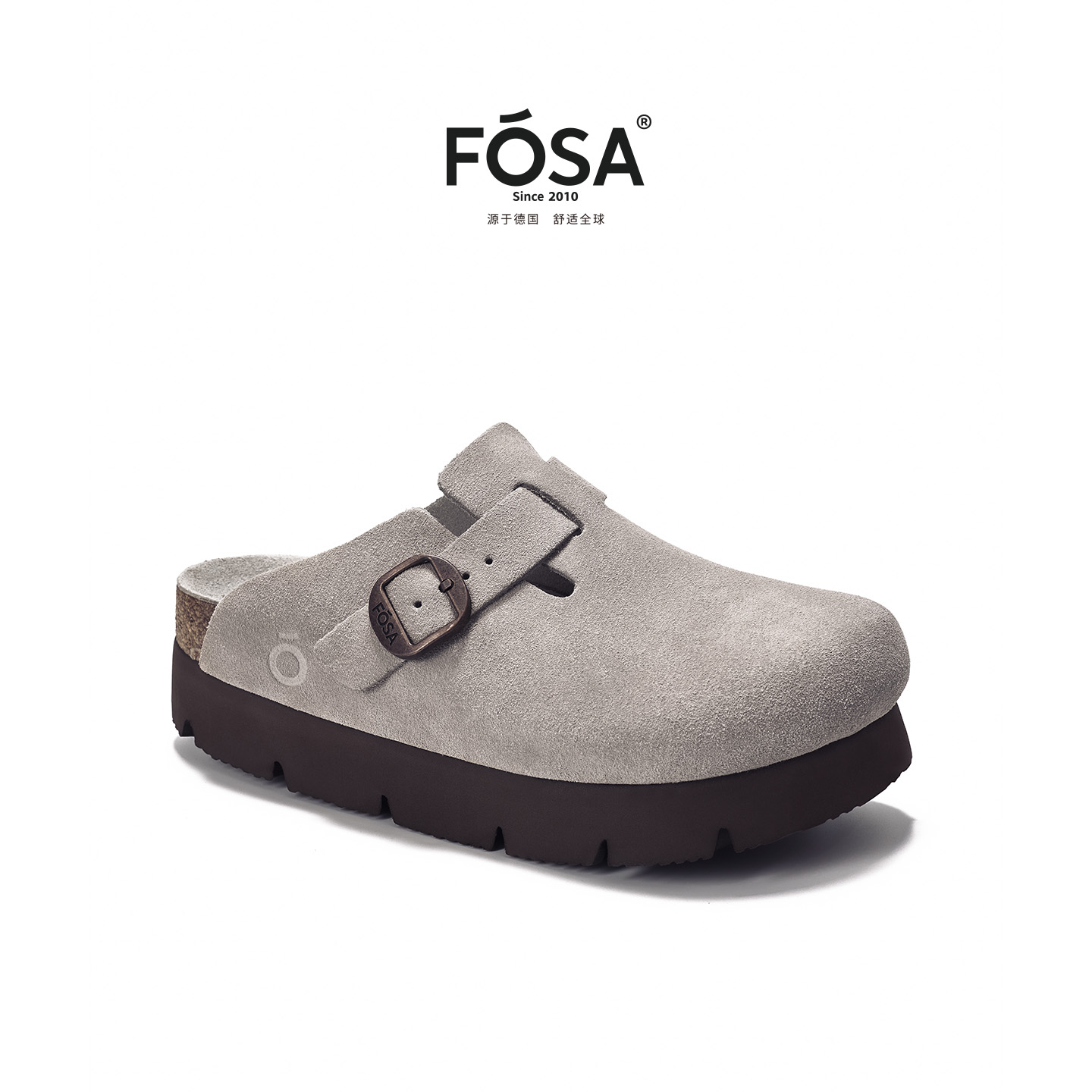 FOSA【张元英同款】秋冬休闲通勤女款绒面白灰厚底增高半包勃肯鞋