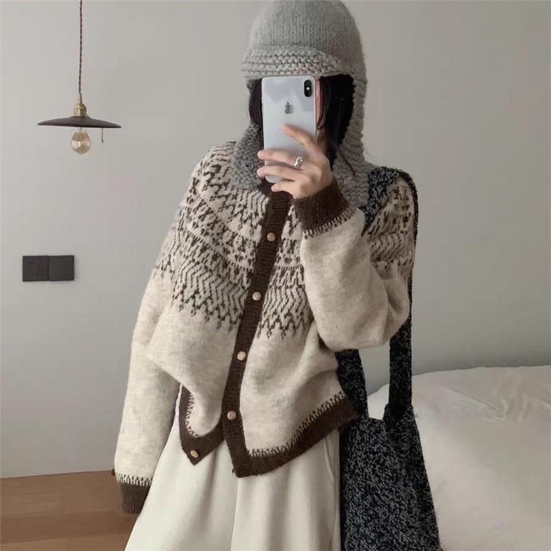 28453韩系慵懒风费尔岛提花毛衣女复古针织开衫宽松外套133衣长60