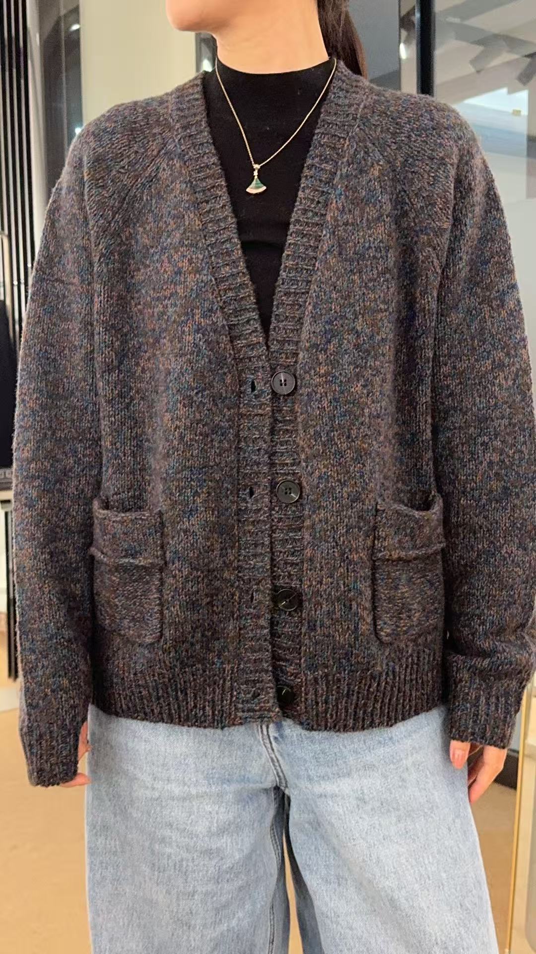 诚昶100%羊毛【四股花纱】羊毛衫V领开衫外套女士慵懒风秋冬毛衣