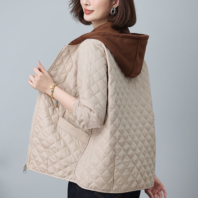 【90-220斤】大码轻薄棉服女中年妈妈款时尚撞色连帽菱格款棉衣女