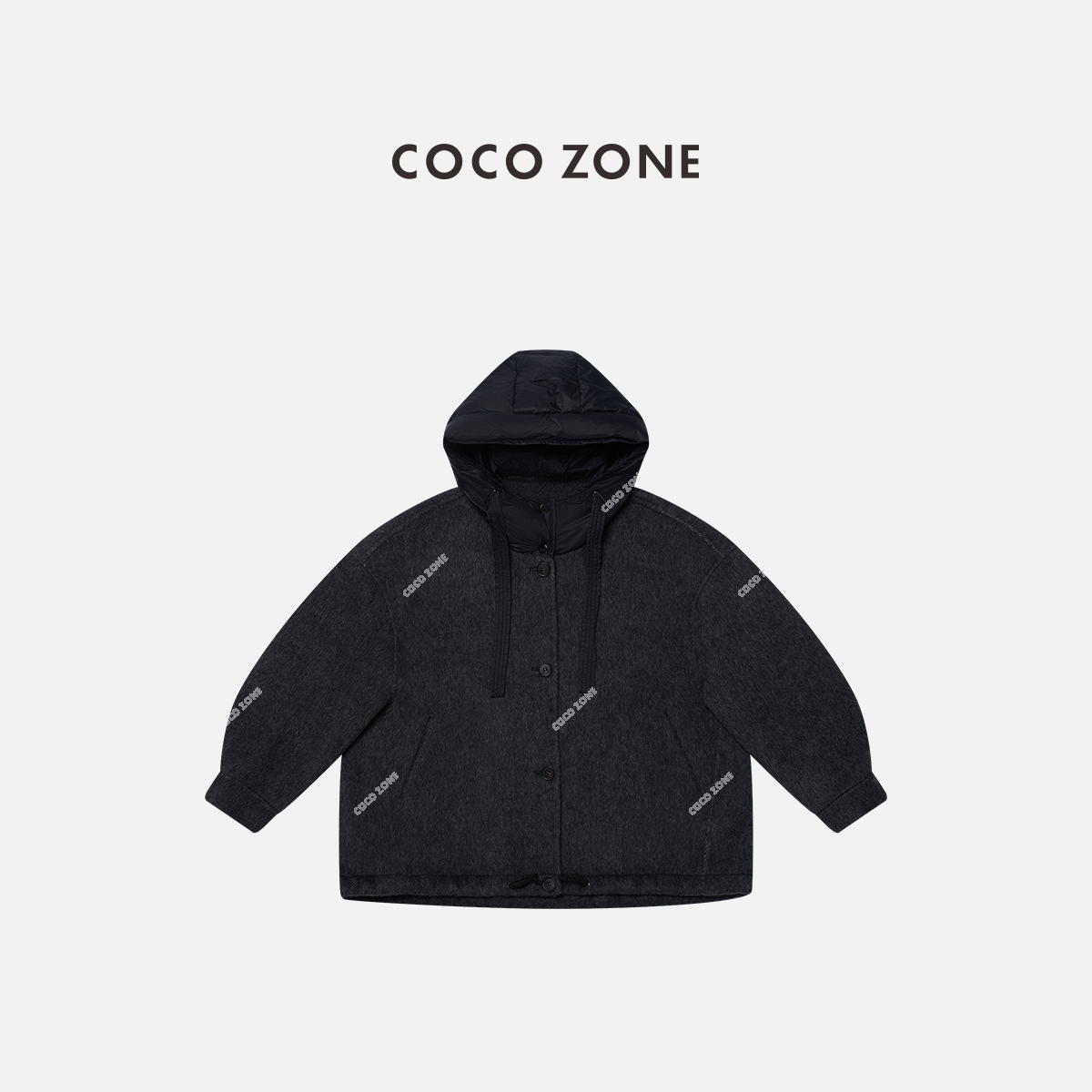 COCO ZONE 刘一一 冬季慵懒风连帽抽绳单排扣长袖外套CC2D3309