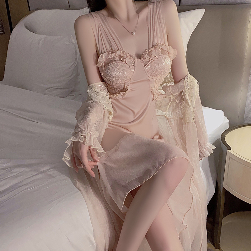 GR【美人多娇】加胸垫钢圈聚拢甜美睡衣冰丝吊带睡裙外袍家居服套装