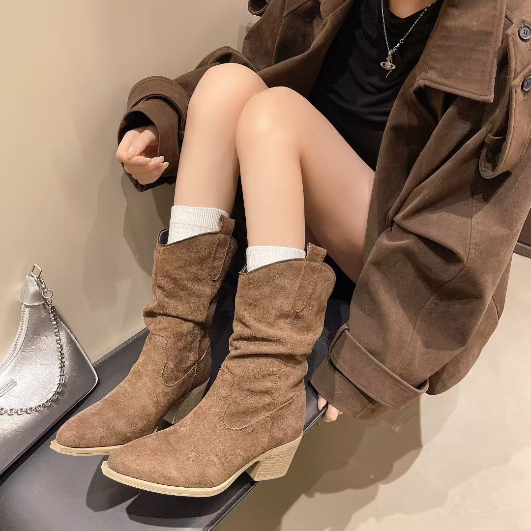 牛皮版赵露思同款尖头堆堆靴短靴女高跟复古西部牛仔骑士靴