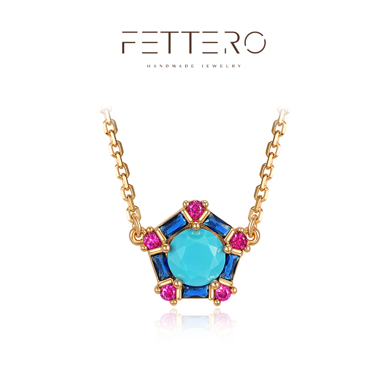 fettero 铜合金项链 【金色六边形T锆项链】蓝色古法彩色镶嵌