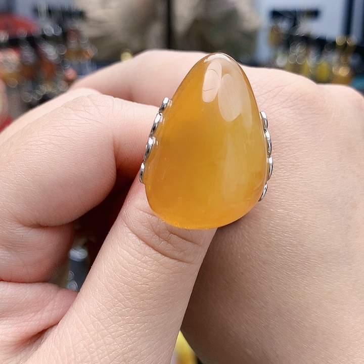 琥珀裸石银S925镶嵌戒指