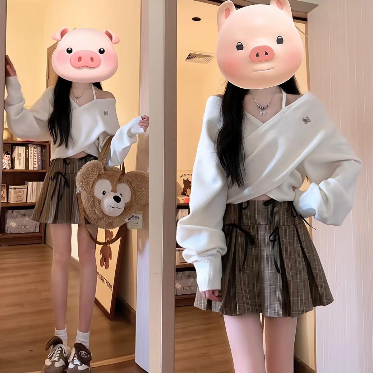 初春百搭网红辣妹减龄新款宽松气质长袖炸街半身裙两件套装洋气