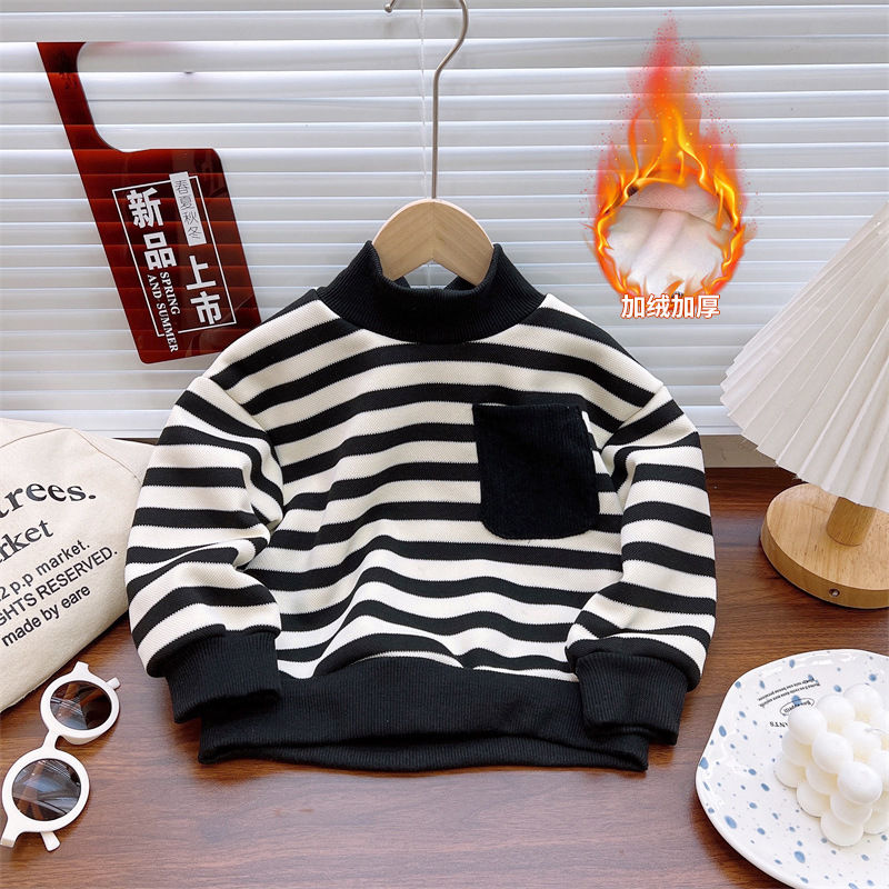 儿童秋冬新款高领加绒百搭条纹一体绒外穿卫衣
