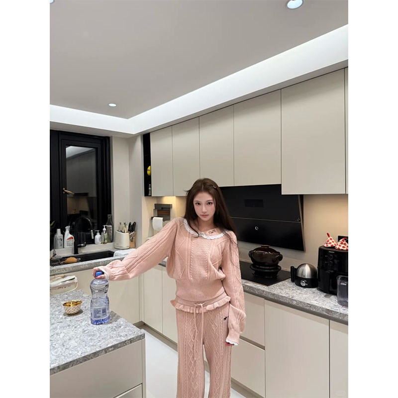 2025秋冬设计感时尚套装休闲百搭娃娃领长袖上衣高腰阔腿裤套装女