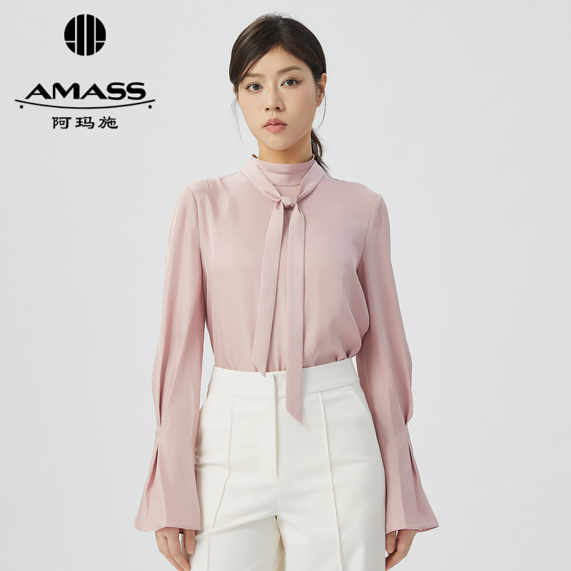 AMASS/阿玛施新款女装上衣长袖飘带衬衣粉色衬衫气质时尚5300956