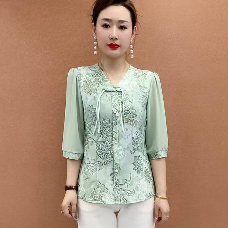 2025夏季新款T恤上衣7分袖防晒显瘦洋气妈妈装国风气质中老年女装