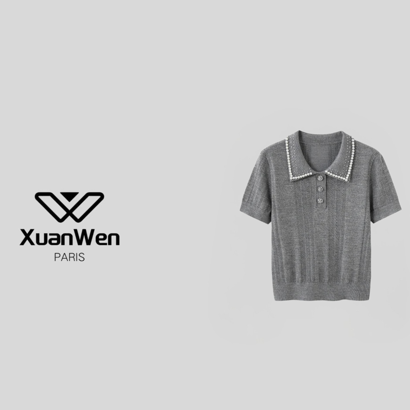 XW 灰色显瘦翻领重工钉珠显瘦半袖针织衫-2103
