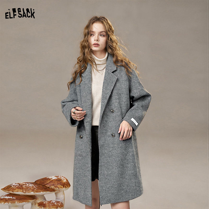 3053【金拐子】妖精的口袋绵羊毛灰色中长款毛呢外套女2025冬季新