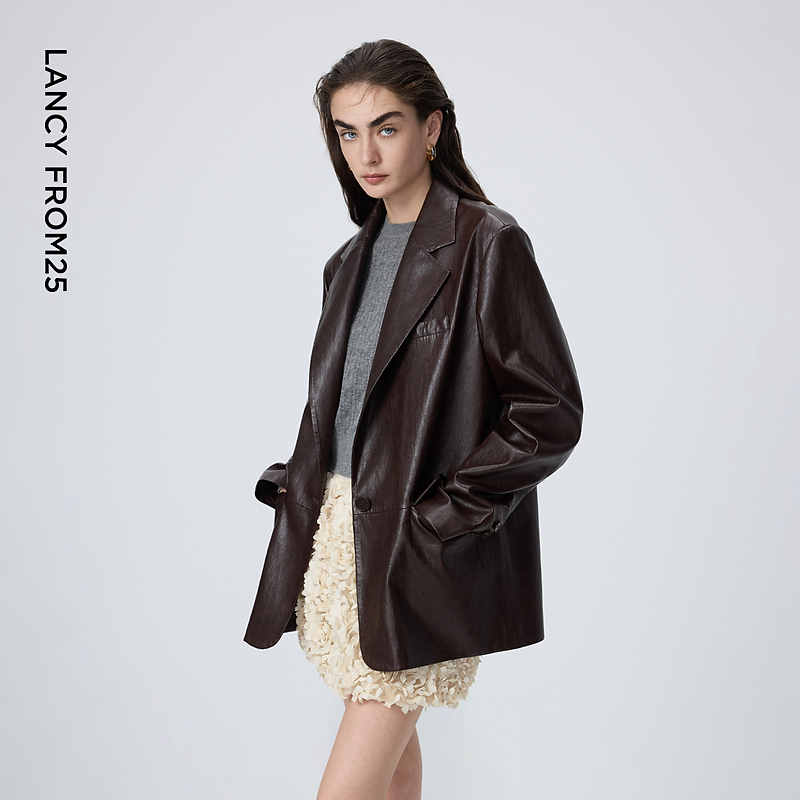 朗姿平驳领西装版型仿皮皮衣率性高级感通勤风外套2026年春季新款