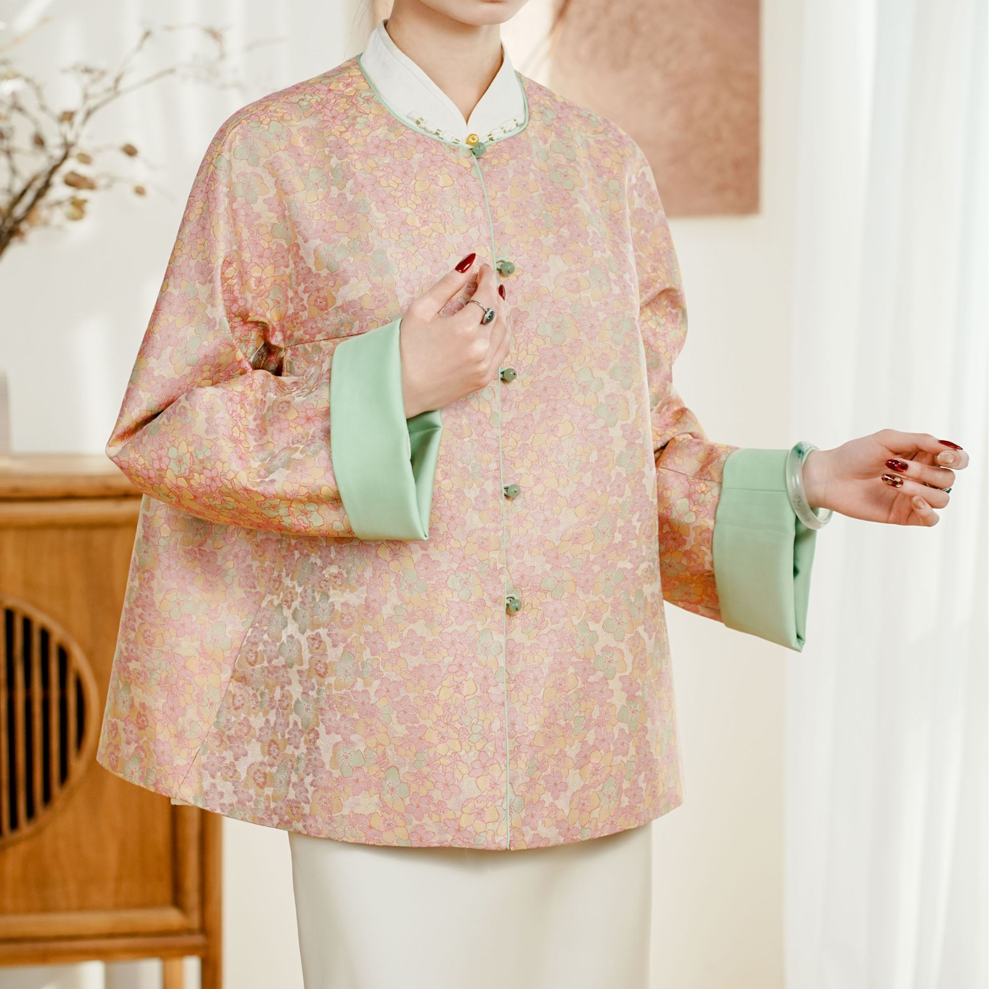 SUYUZHI「卿若桃花」宋锦真丝盘扣外套女2025春季新中式立领开衫
