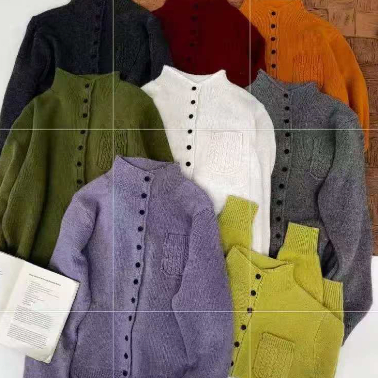 邹先森381-29冬新款半高领加厚口袋纯色宽松羊毛衫百搭女士韩版