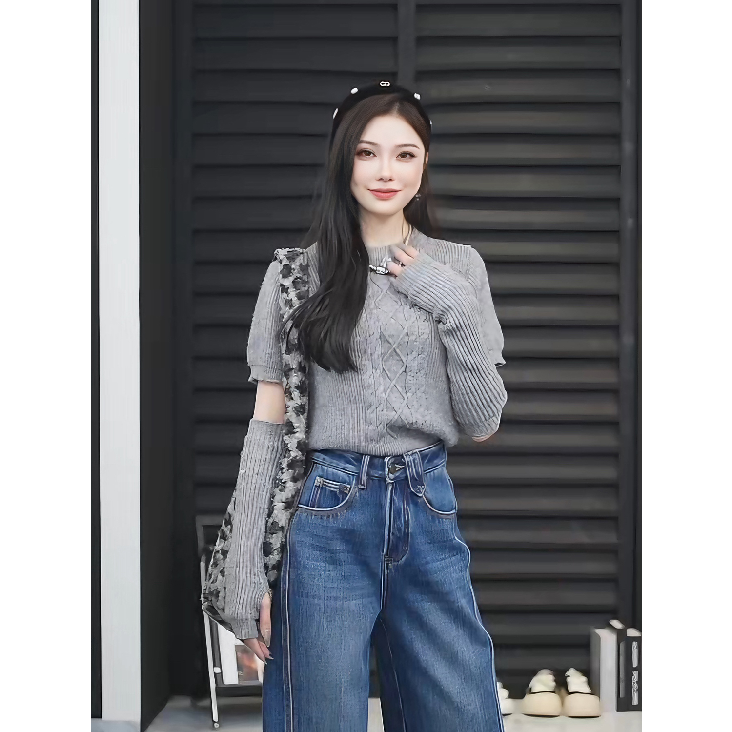 【TO&HR.GIRL】THE015Q-灰秋冬设计款小众拼接袖毛衣针织毛衣女长袖