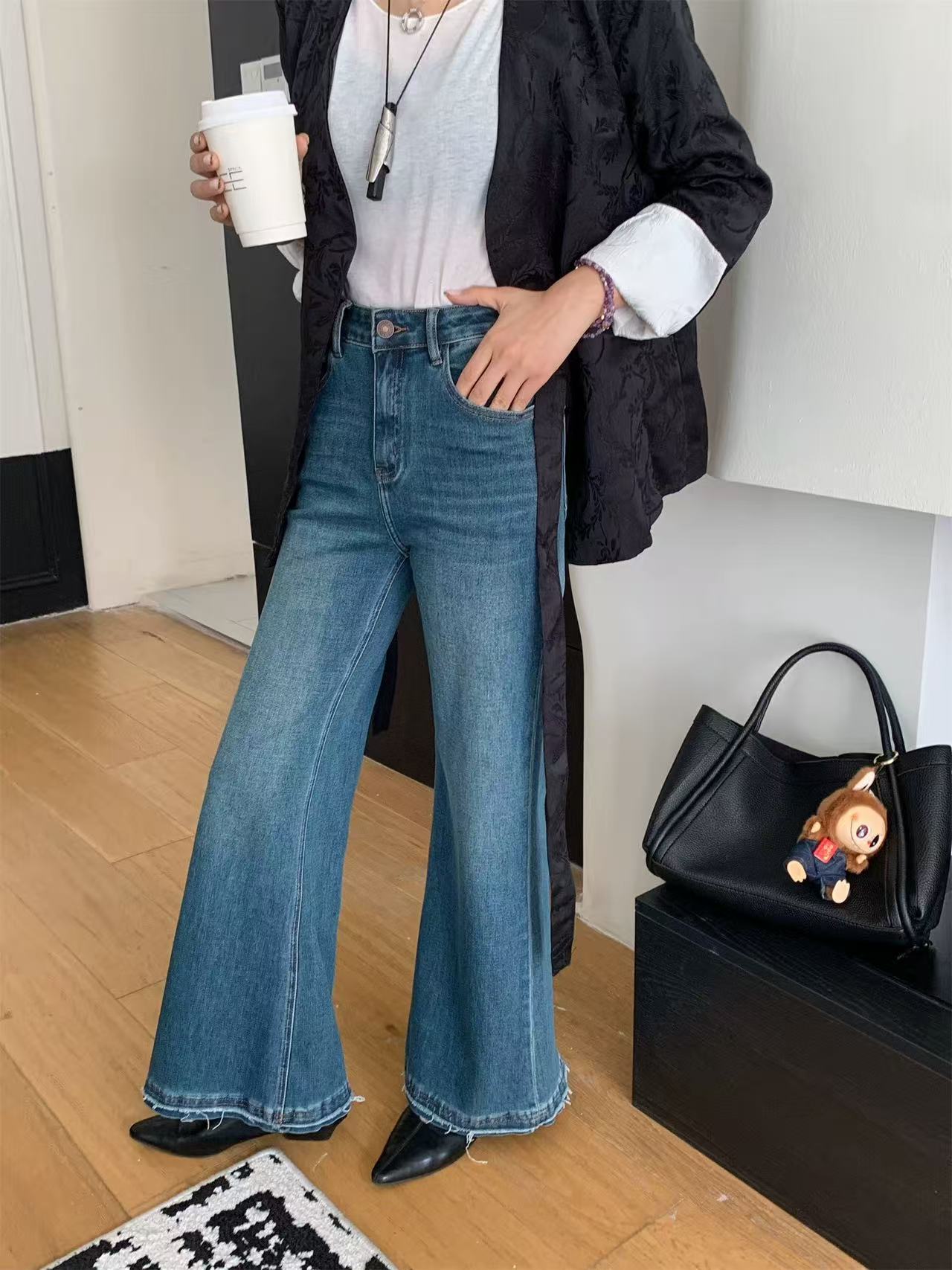衣＋198351   早秋款阔腿磨边筒叭牛仔裤女宽松长裤显瘦弹力潮