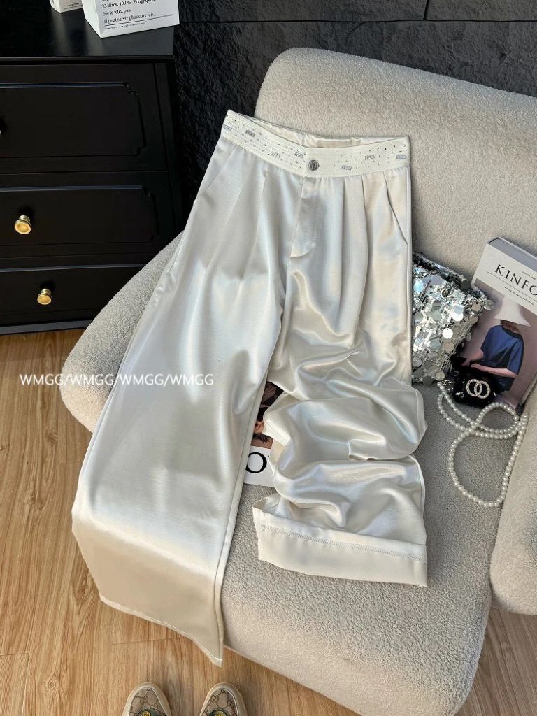 早秋新款醋酸缎面高腰阔腿休闲裤显瘦垂感宽松拖地长裤（9527）