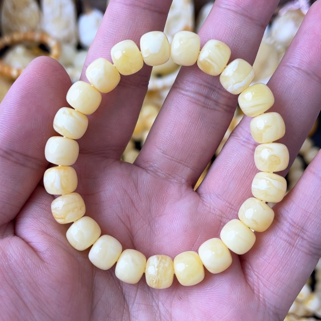 琥珀手串未镶嵌9mm俄料浓蜡白花精工老型手串