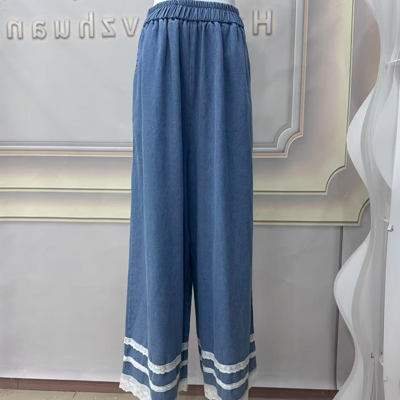 K7162 夏季女蕾丝边提花阔腿裤牛仔裤直筒百搭