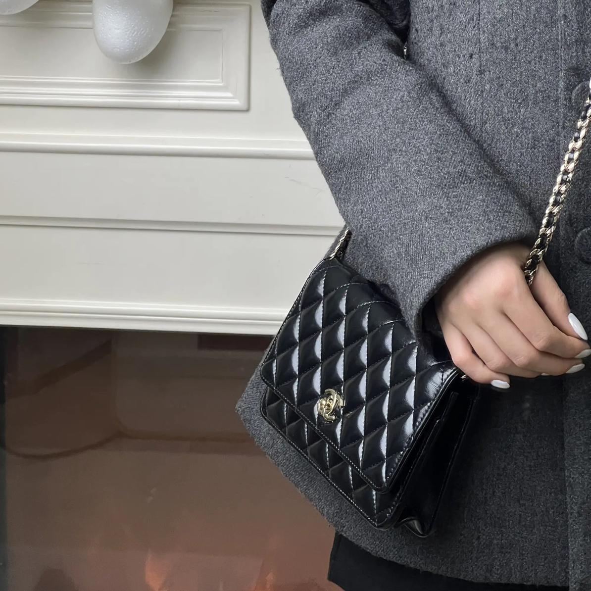 99新 Chanel/香奈儿 香奈儿 发财woc黑金油蜡皮黑白链条扣/优品