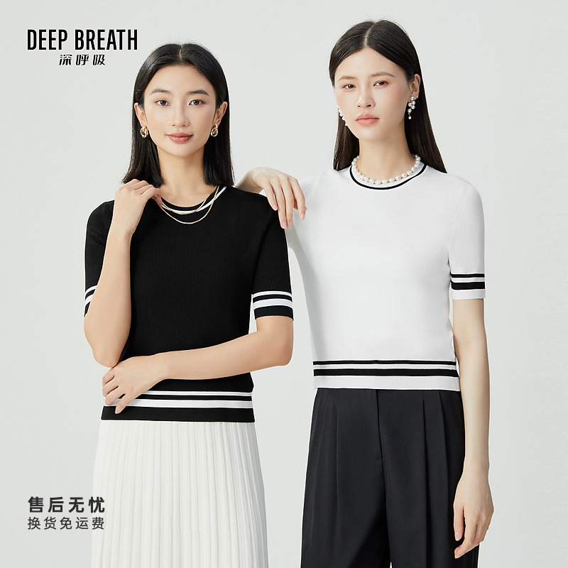 DEEP BREATH深呼吸女装新款坑条拼色条纹短袖套头针织衫A301535