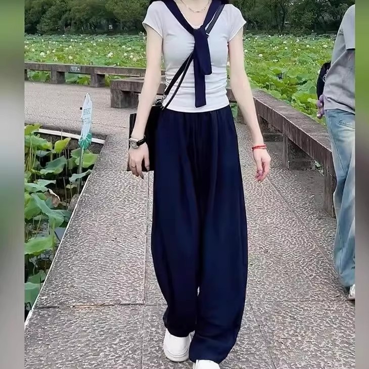 嘉嘉-夏季薄款美式复古高腰阔腿速干工装裤女藏青色