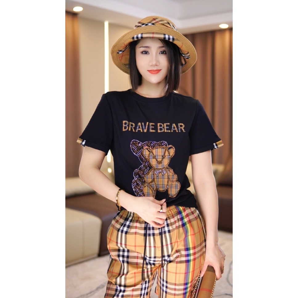 582-双色小熊卡通熊烫钻圆领T恤