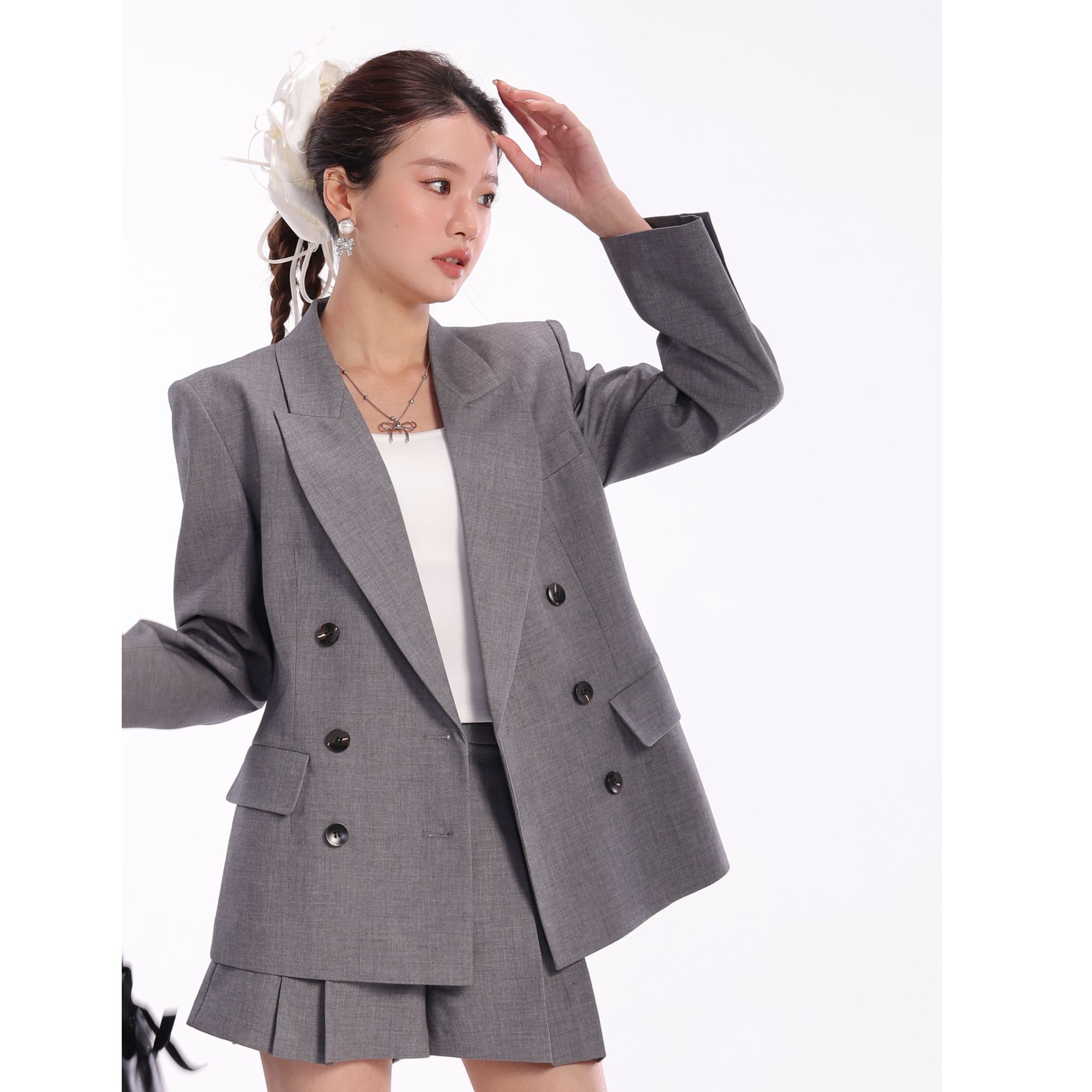 小个子定制春款灰色西装垂顺时尚百搭气质洋气衣服女