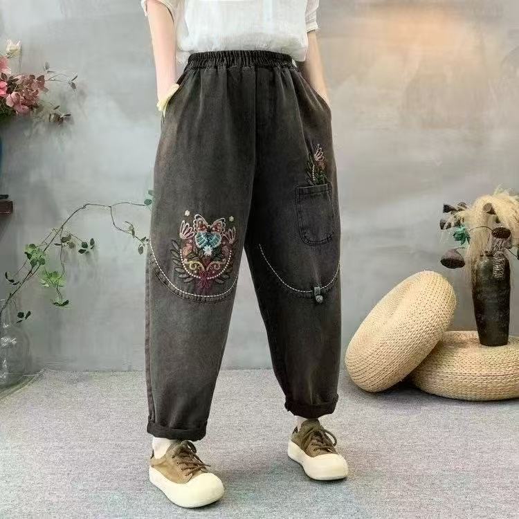 水洗做旧精致彩色刺绣哈伦牛仔裤女时尚宽松百搭高腰819