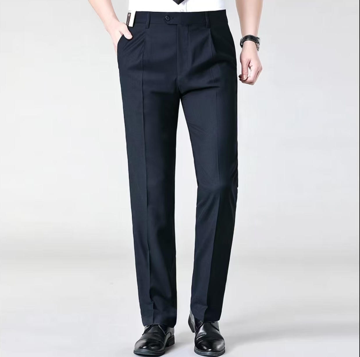 【直贡尼冬款】单褶高腰大脚口西裤西装裤，直筒黑色休闲两穿西裤